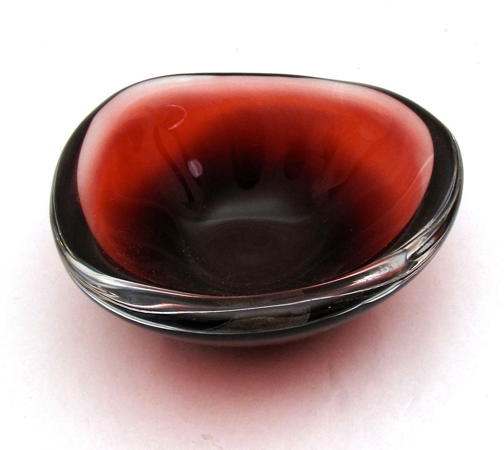 Vintage Orrefors glass bowl violet rapberry cased SIGNED bowl Swedish Danish Modern