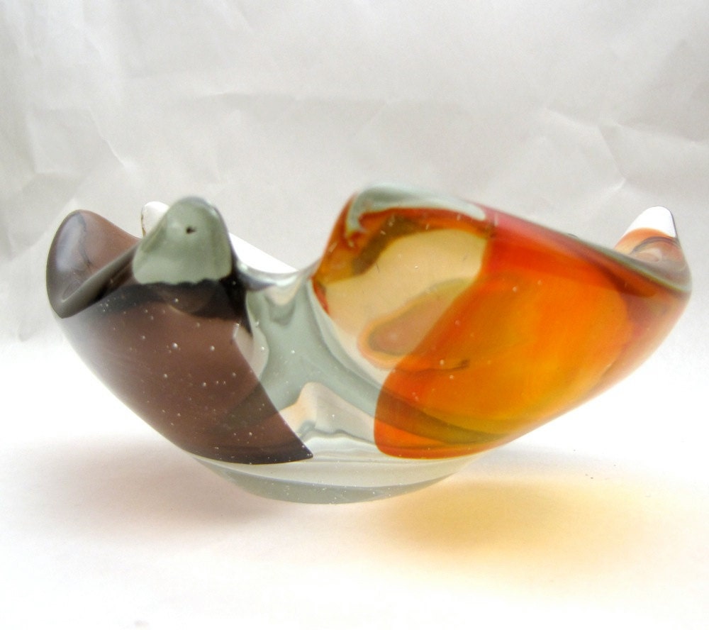 Vintage Murano Glass Dish violet tangerine white cased candy dish Mid Century Modernist design