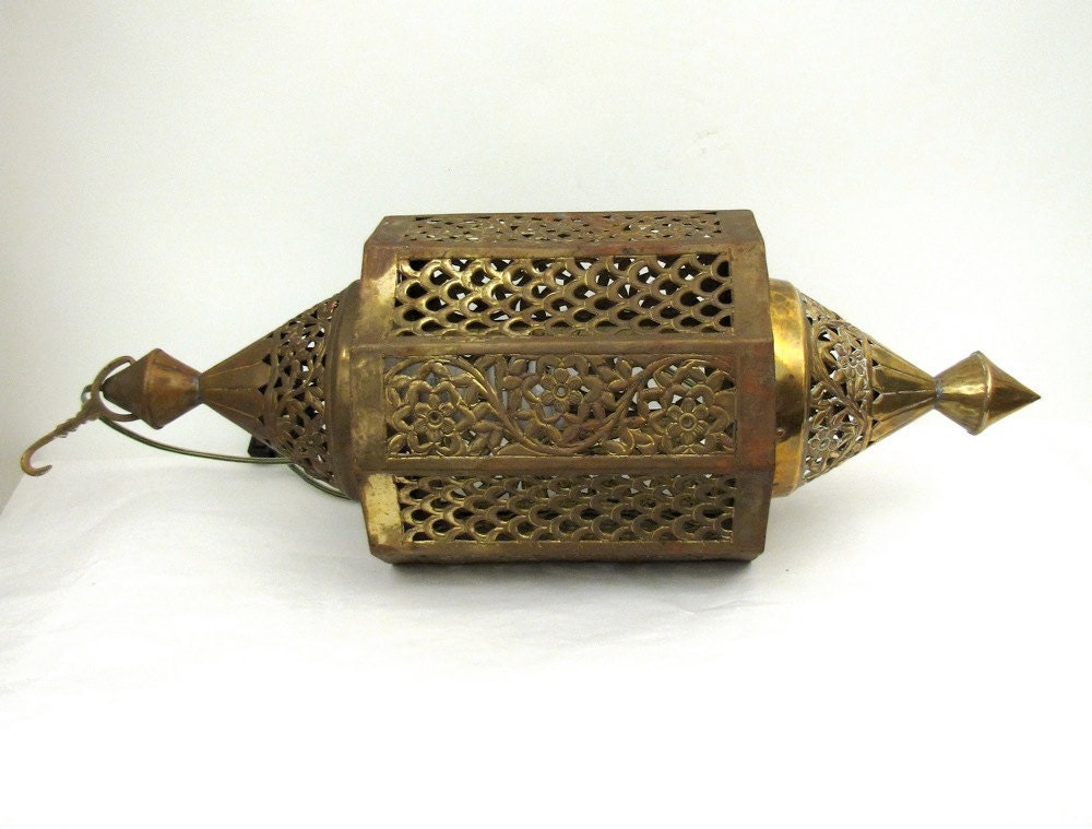 Vintage Moroccan Pierced Brass Swag lamp Hollywood Regency Glam hanging light chandelier