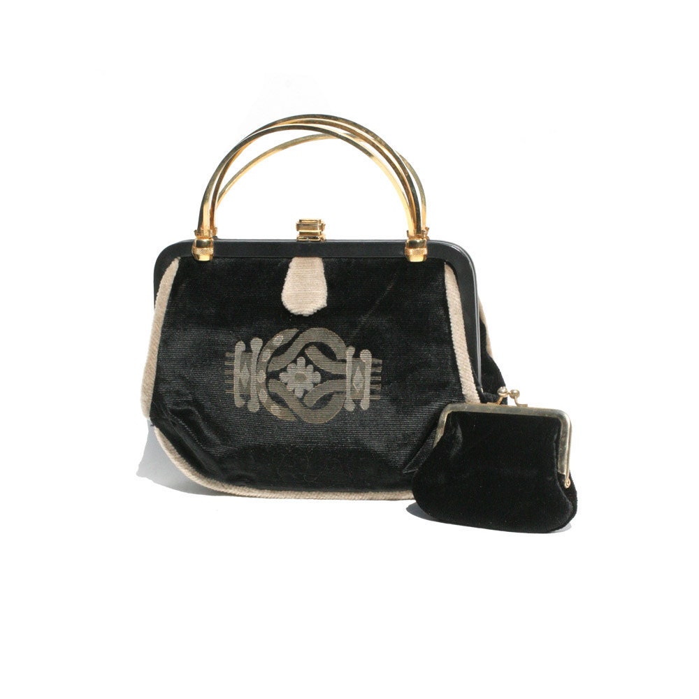 Classic Italian Black Velvet Evening Bag & Coin Purse