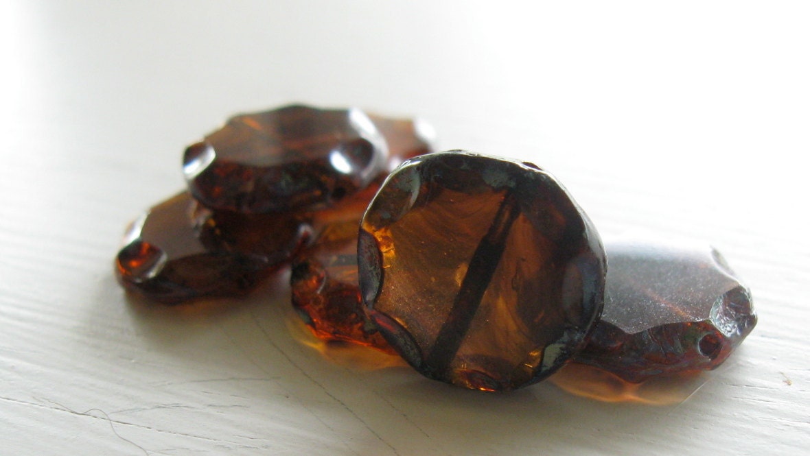 Brown/Amber Czech Glass Beveled Window Coins 14mm
