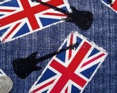 BRITISH FLAG with Black Guitar Blue Denim Print Quilt Fabric - 1 Yard - Timeless Treasures