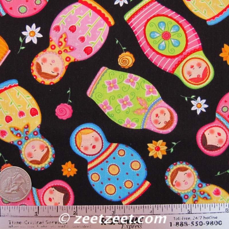NESTING DOLLS Black - Quilt Fabric 1 Yard - Pink Green - Russian - Last Yard available