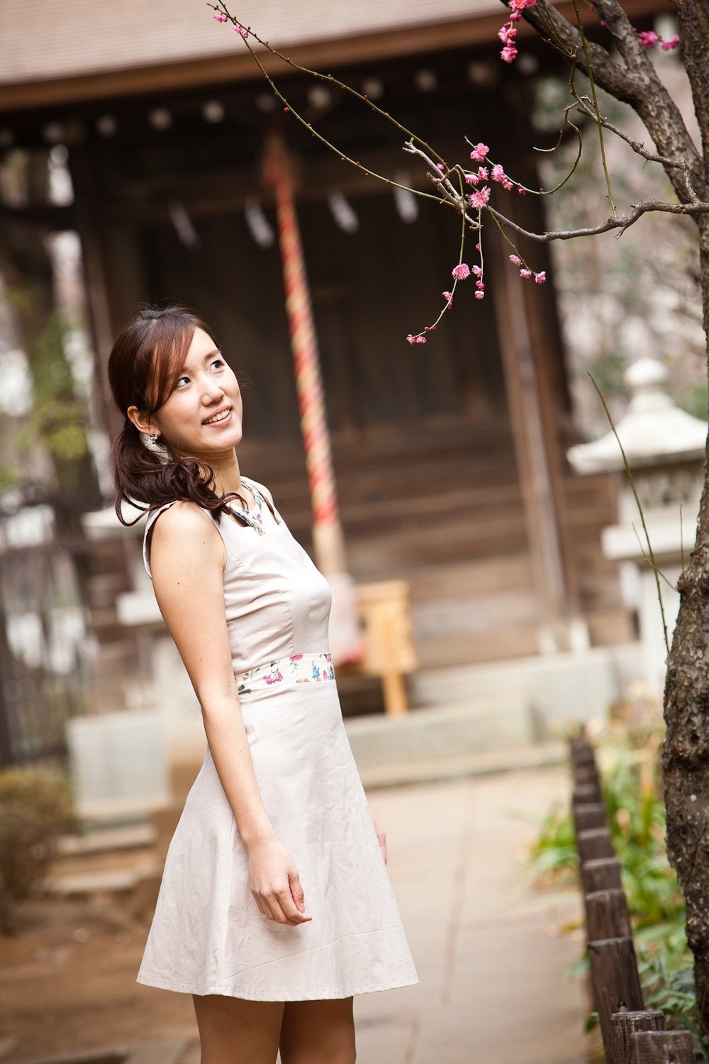 SALE Choker Neckline Sleeveless Day Dress - Beige and Flowers, A-Line Skirt, Cut Out Details