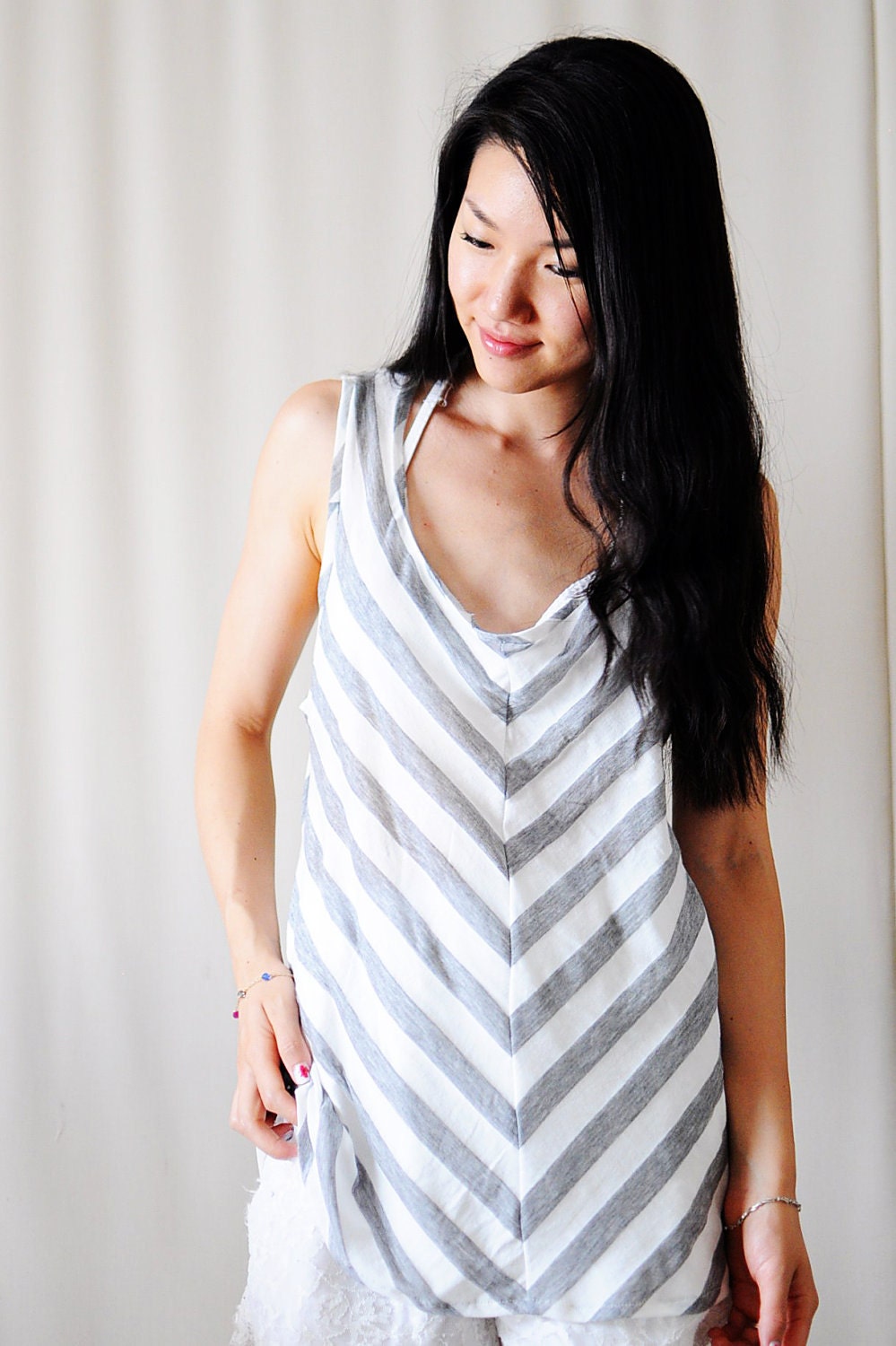 Grey & White Chevron Stripes Back Cut Out Loose Top - S - M