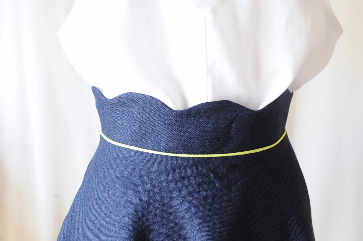Navy Blue Scallop Waist Skirt with Neon Piping - High Waisted, Half Circle Skirt - S