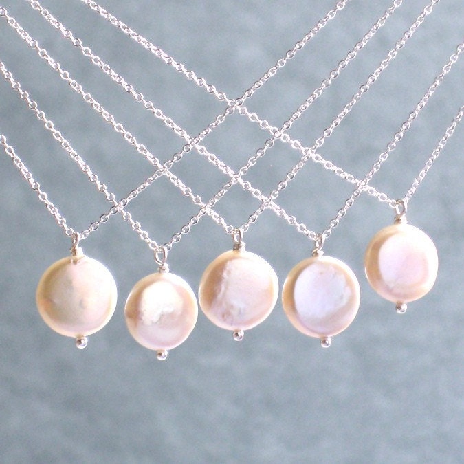 Bridesmaid Gift Set, 5 Coin Pearl Necklaces, White Pearl drops in Sterling Silver, Modern Jewelry, Simple Pearl Drop