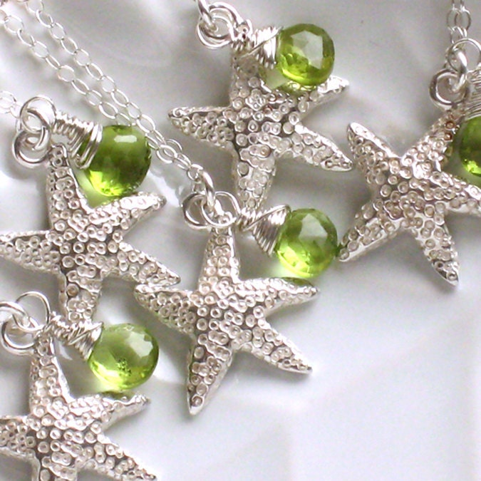 Bridesmaids Gifts, 5 Starfish & Gemstone Necklaces, Sterling silver, Starfish Charm, Wedding party gift, Beach wedding, Personalized Jewelry