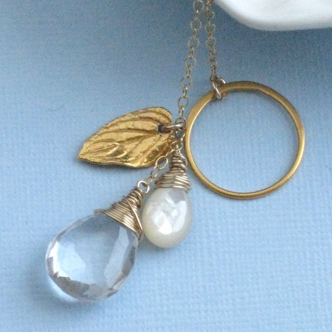 Leaf & Crystal Lariat, Gold Vermeil Eternity Circle, Leaf Charm, Clear Quartz and Mother of Pearl, Gold fillLong Drop Necklace