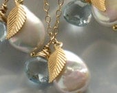 Bridesmaid Gift Set, 3 Coin Pearl Necklaces with Gemstone drop & Leaf Charm, Gold fill, Bridesmaid Jewelry, Spring Wedding