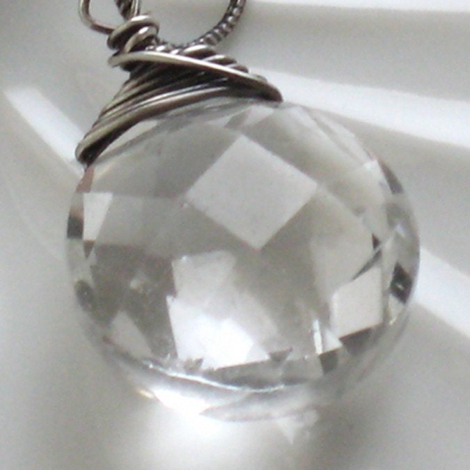 AAA Quartz Coin Pendant - Wire Wrapped in Oxidized Sterling Silver, Add on Charm, Removable Gemstone, April Birthday