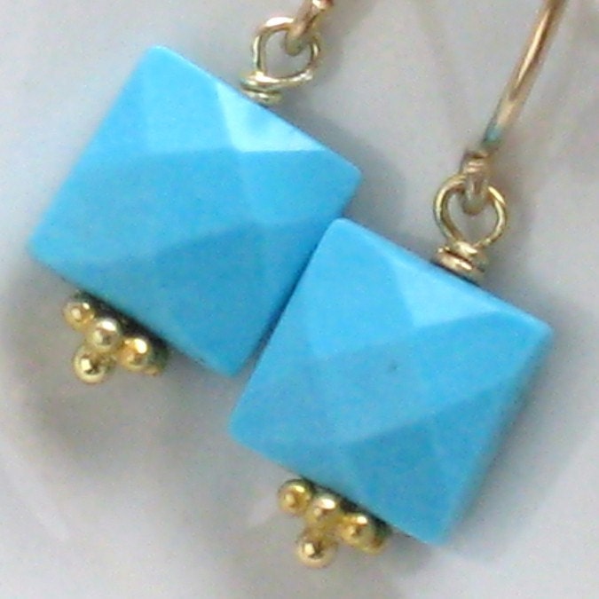 Turquoise Earrings - Faceted Square Turquoise drops in 14k Gold Fill