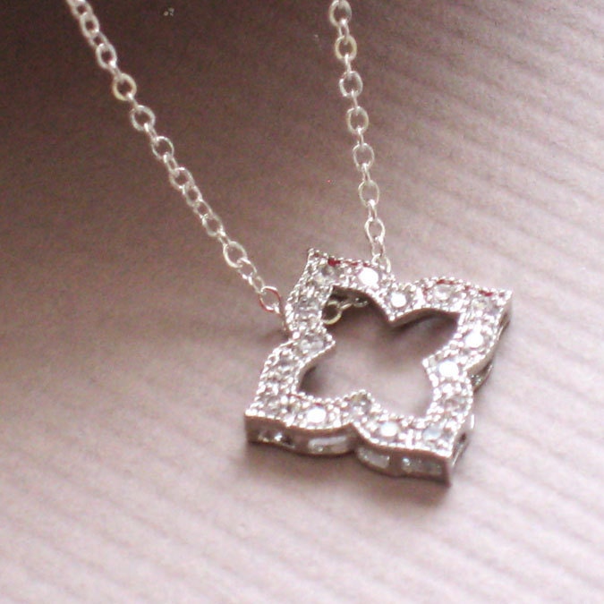 Floral Pendant Necklace with CZs Pavé Set in Rhodium Sterling, Flower Pendant, Wedding Jewelry, Bridesmaid Gift