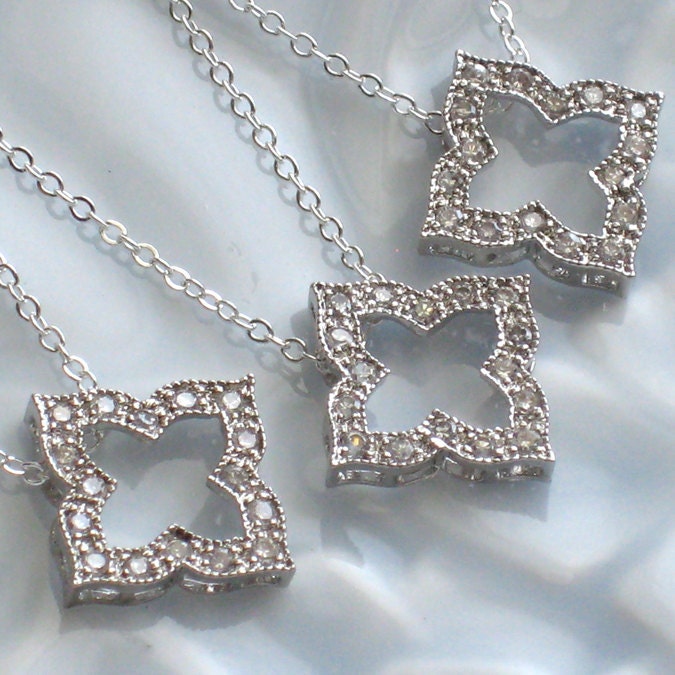 Bridesmaid Gift Set, 3 Floral Pendant Necklaces, Floral Charm Pavé set with CZs  in Rhodium, Sterling, Winter weddings, Classic Jewelry