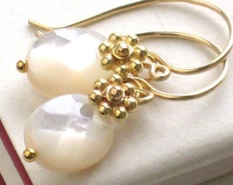Mother of Pearl & Flower Earrings, Dangle Earrings, Ivory, Shell, Petite Drops, Spring Jewelry, Winter Wedding