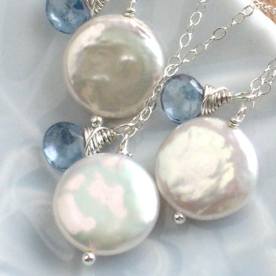 Bridesmaids Gift Set, 3 Coin Pearl Drop & Gemstone Necklaces, Sterling Silver,Pearl, Personalized Jewelry, Custom Color, wedding party