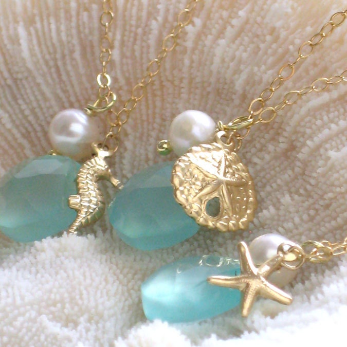 Bridesmaid Gift Set, 3 Starfish Necklaces, Chalcedony, Pearl, Sand Dollar, Starfish, Seahorse Charms, Gold fill, Beach wedding, Seashells