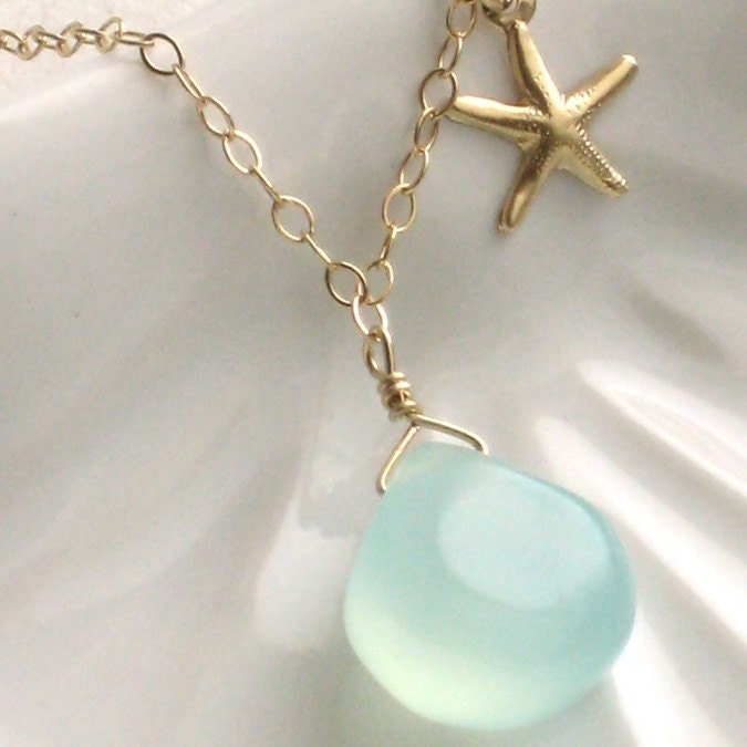 Gold Starfish and Chalcedony Necklace, bridesmaid gift, beach wedding jewelry, green &  gold, starfish charm