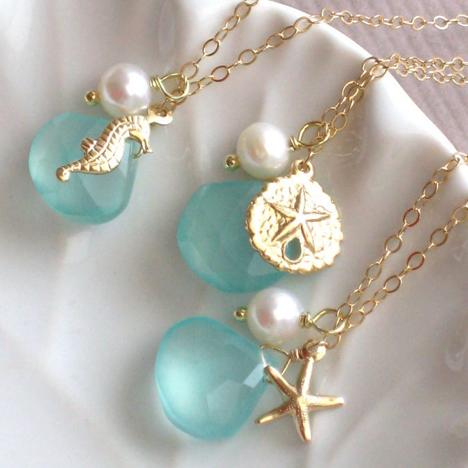 Bridesmaid Gift Set, 3 Starfish Necklaces, Chalcedony, Pearl, Sand Dollar, Starfish, Seahorse Charms, Gold fill, Beach wedding, Seashells