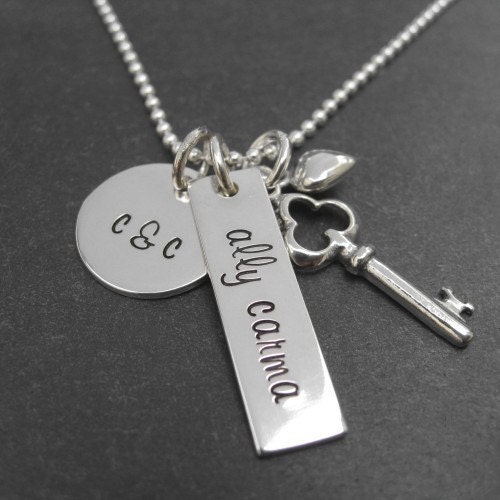 Hand Stamped Jewelry - Personalized Sterling Silver Necklace - Key and Heart Charms - Disc and Rectangle