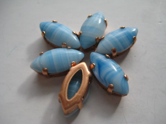 Lot of 6 15x7mm Blue Striped Agate Navette Shaped West German Vintage Rhinestones in Brass Copper Colored Sew on Settings