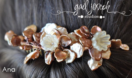 Bridal, Mother of Bride, Bridesmaid Comb Freshwater Pearl and Lampwork Flowers