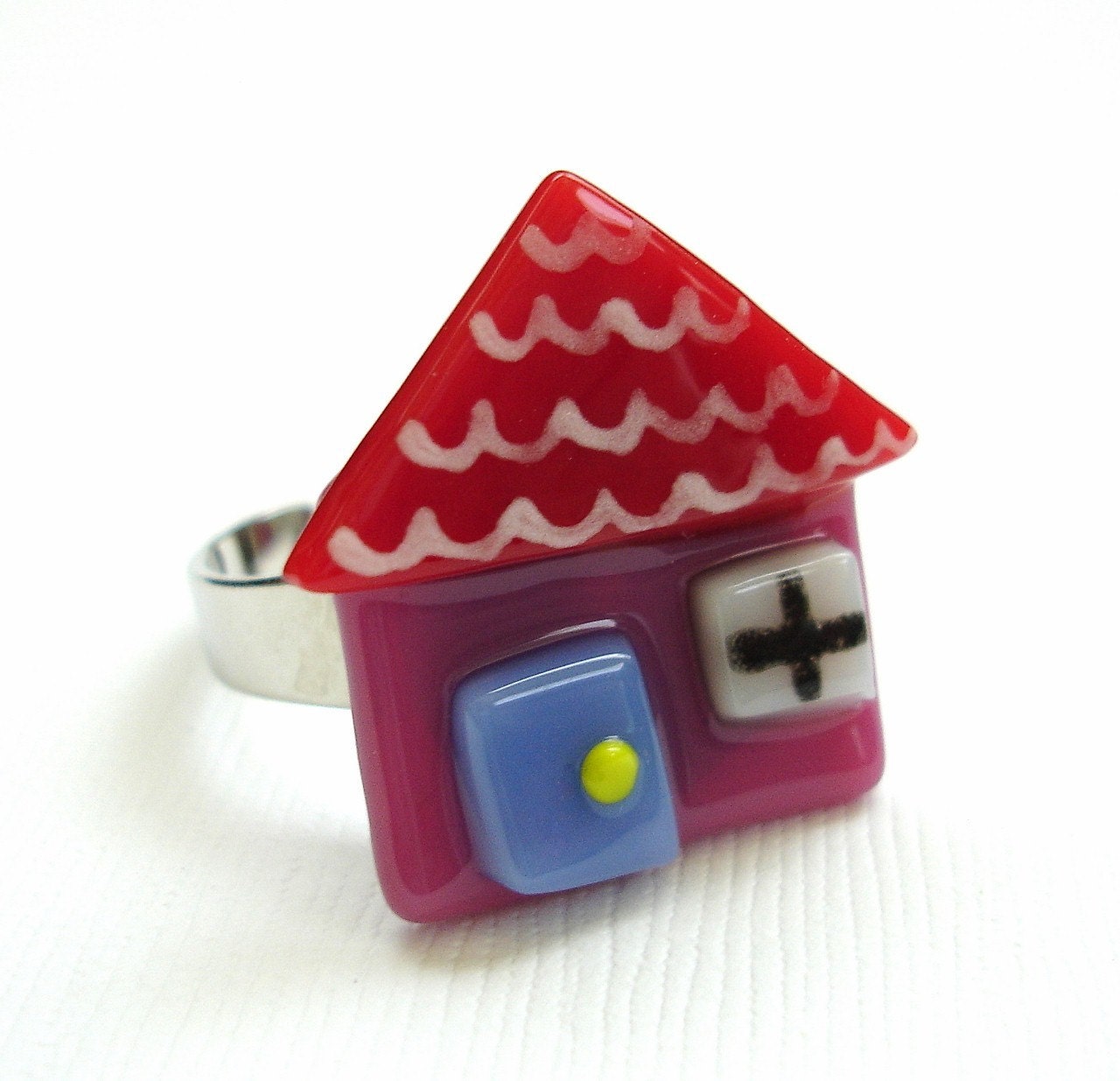 Happy House Fused Glass Adjustable Ring