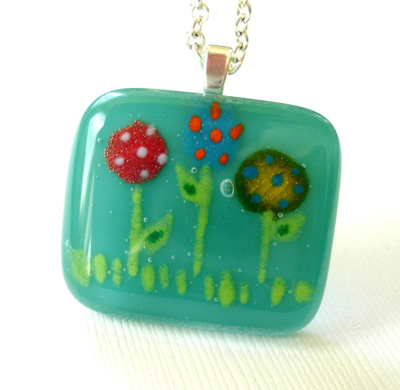 Fanciful Flowers Fused Glass Pendant Necklace