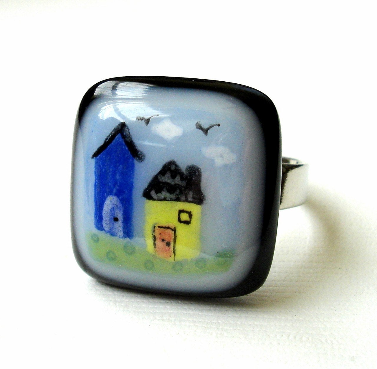 Two Little Houses Fused Glass Ring