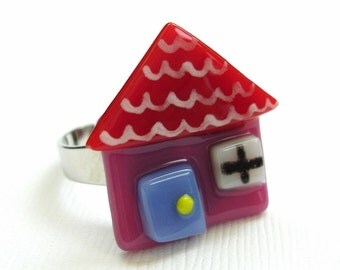 Happy House Fused Glass Adjustable Ring