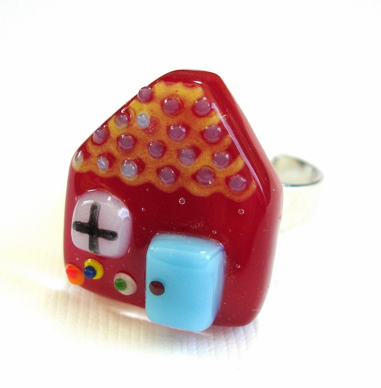 Red Fairytale Cottage Fused Glass Ring
