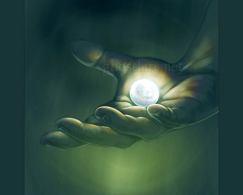Enormous Magical Talisman Trinket in Hand Art Print - 8 x 10" - "Ghost Pearl"