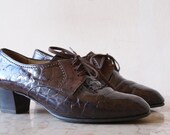 Dark Brown Alligator Pattern Patent Leather Flapper Heels 7