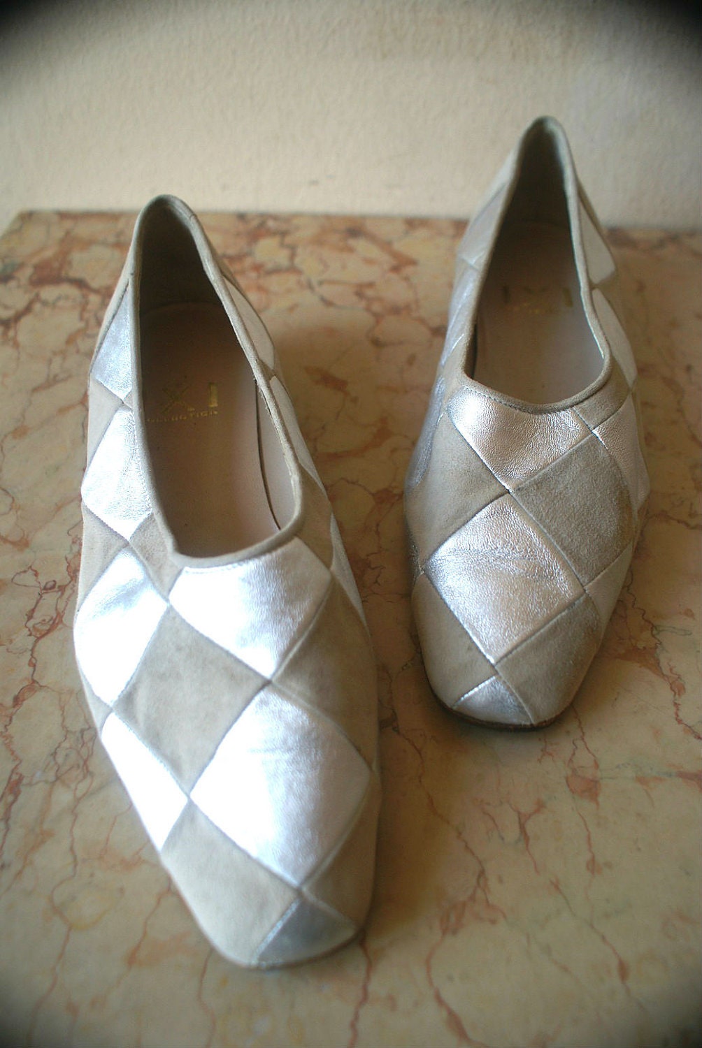 Unique Cream and Silver Harlequin Leather Ballet Flats 8