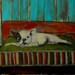 12x12 Original Acrylic Painting Dog Portrait, animal, bed, blue walls, French BullDog Grumpy Dog