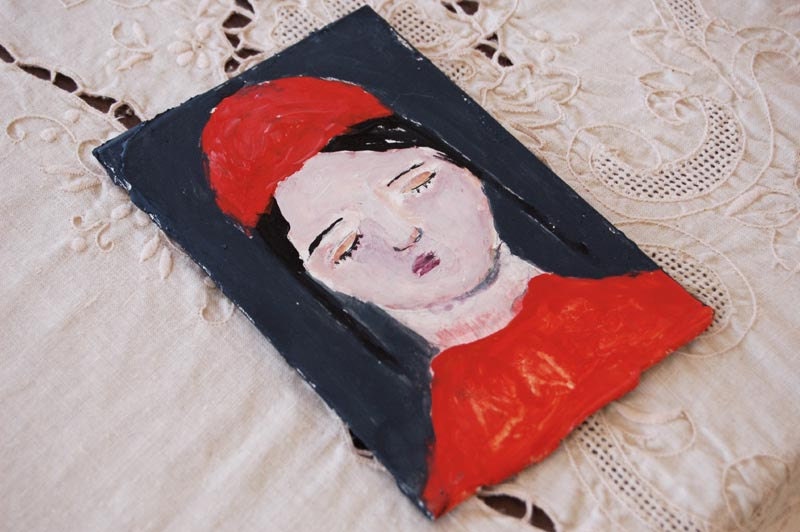 Small Original Painting - Sweet girl with orange red hat and sweater eyes closed Amelie 4x6 mixed media whimsical art canvas board