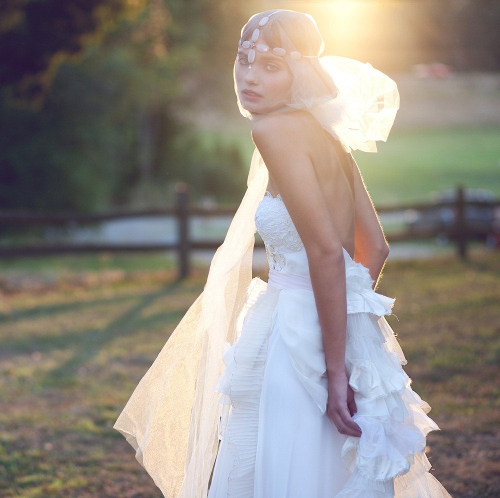 Bohemian Wedding Gown- Some Kind of Wonderful  - Full Princess Pearls Blush Ruffle Train Wedding Dress