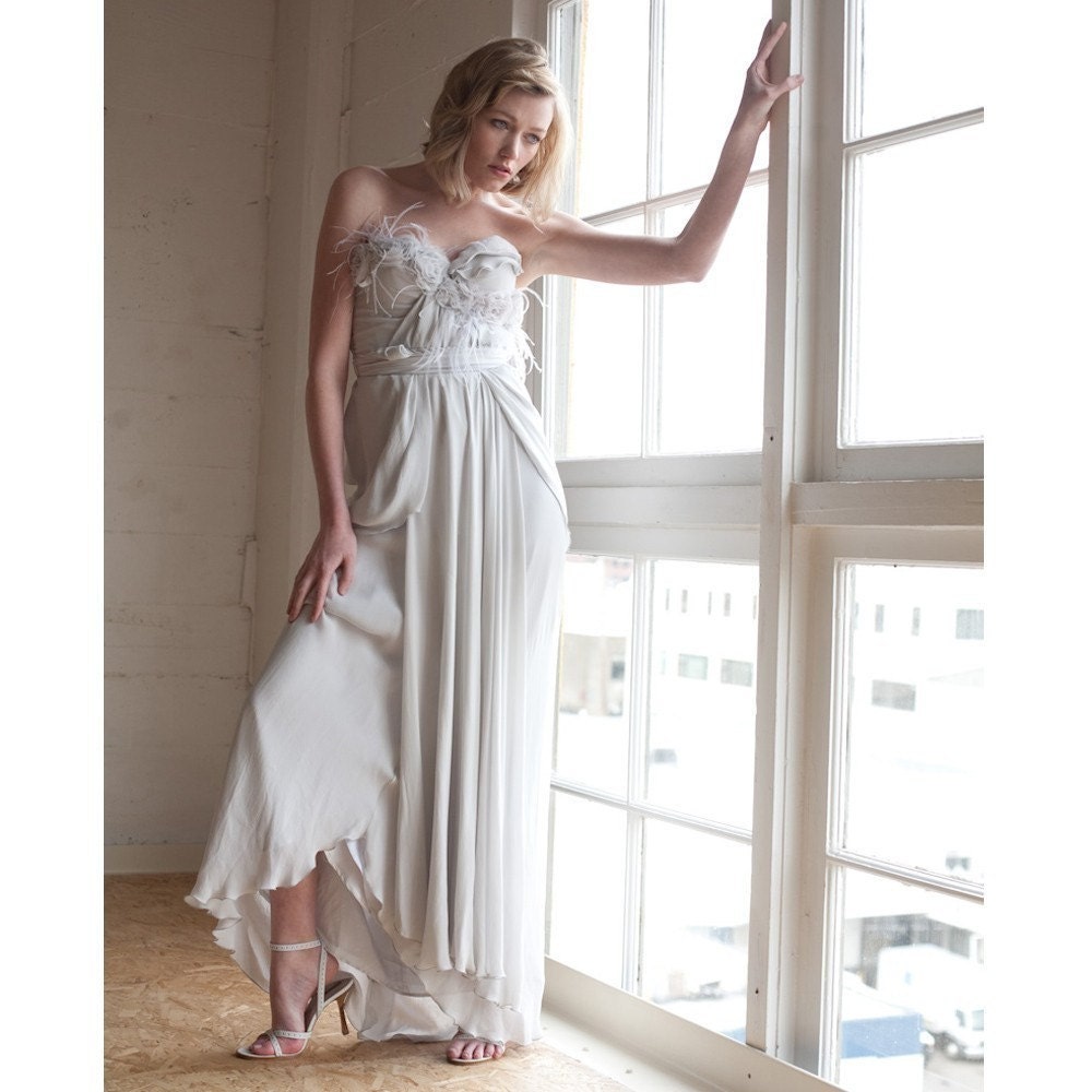 Parisian Princess Silk Wedding Gown - Bohemian Feather Flower Gray Custom Made Wedding Dress