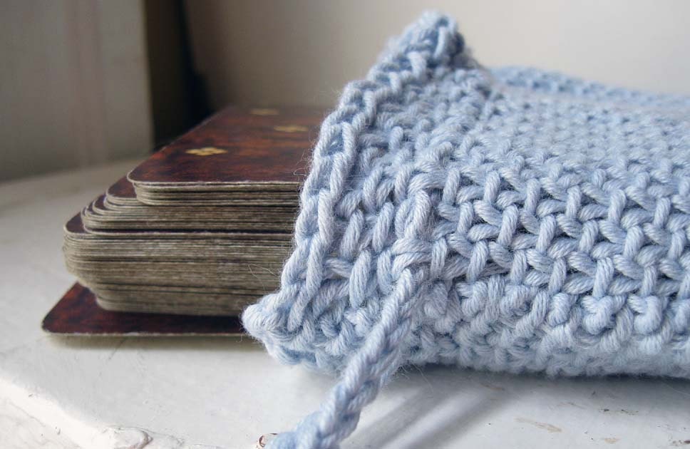 Knit tarot bag. Rustic in Pale Blue. Cotton drawstring pouch to hold your divination tools