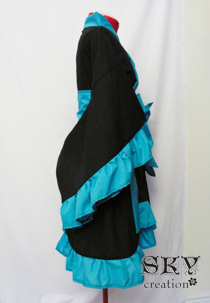 Custom Black X Teal Kimono Dress with Ruffles and Descending Hem