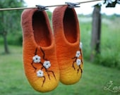 CUSTOM MADE handfelted  home shoes Cherry blossom in orange