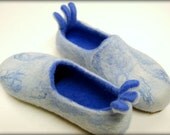 White/blue handfelted wool  slippers/ home shoes, size US 7