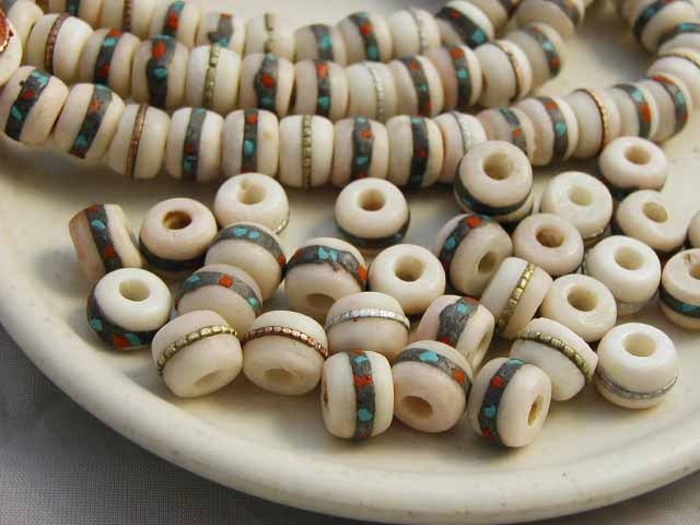 White Yak Bone Prayer Beads Turquoise Coral Inlay Metal Stripe Inlay - 10 pcs. - YB546