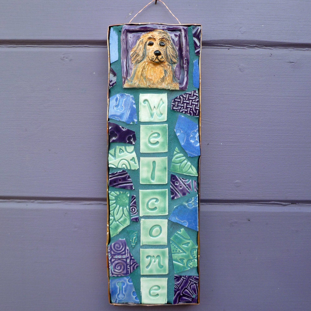 Golden Retriever Welcome Mosaic Sign Purple, Blue and Green
