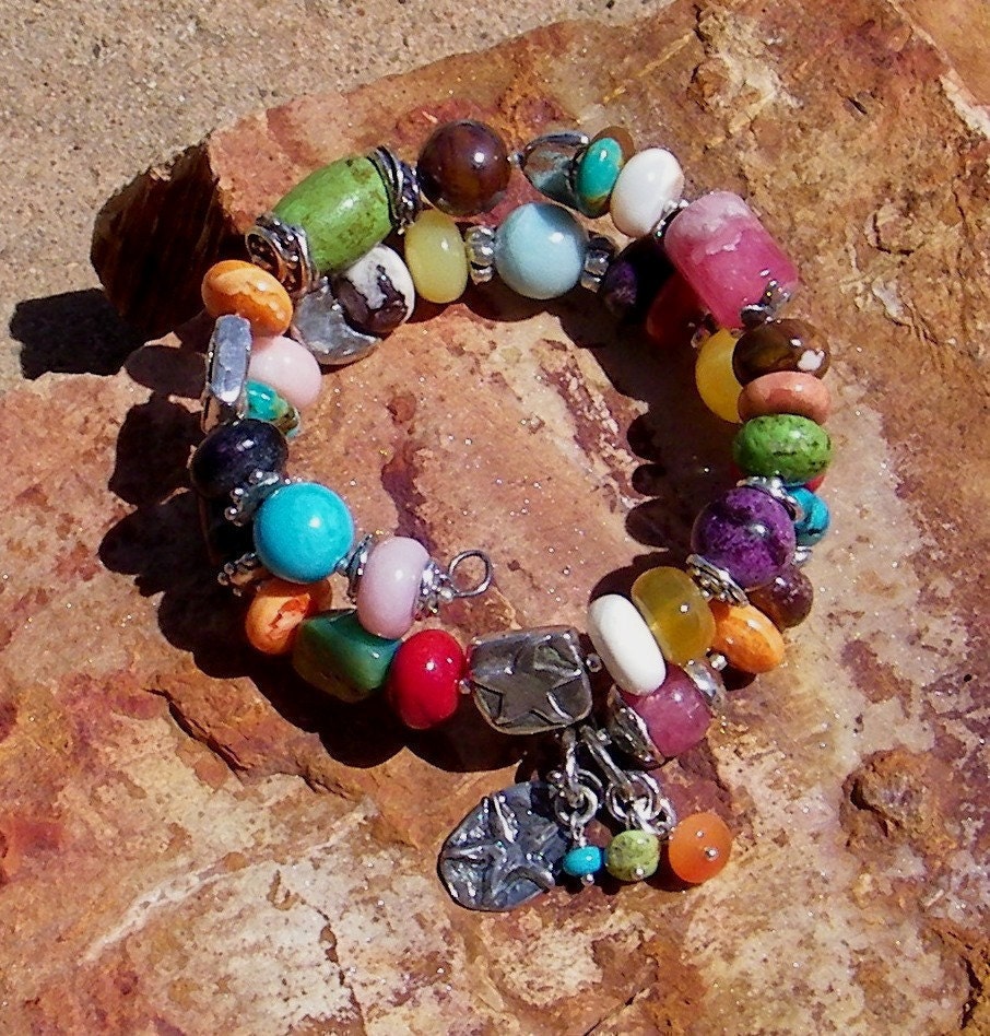 Larimar, Rhodochrosite Handcrafted Artisan Sterling Memory Wire Bracelet