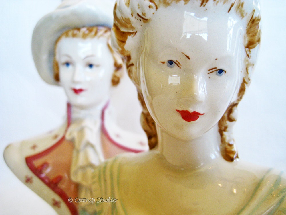 Edwardian Victorian Pottery Lamp Pair Man Woman Set shabby cottage style