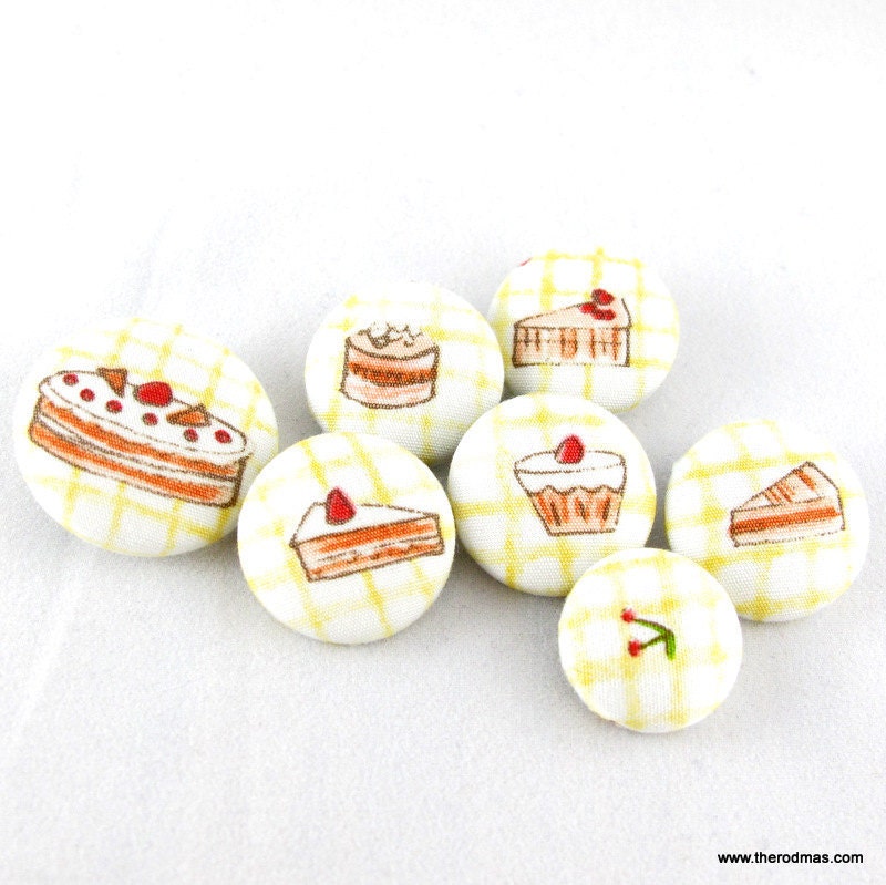 Handmade Fabric Covered Buttons with Cakes - Set of 7 - 20mm, 22mm and 28mm BM016 BO003