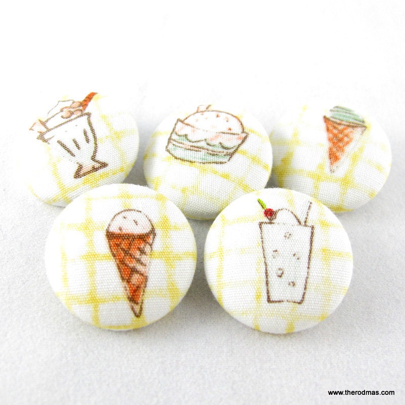 Handmade Fabric Covered Buttons - Ice Cream  - Set of 5 - 22mm 7/8" BM015 BO004