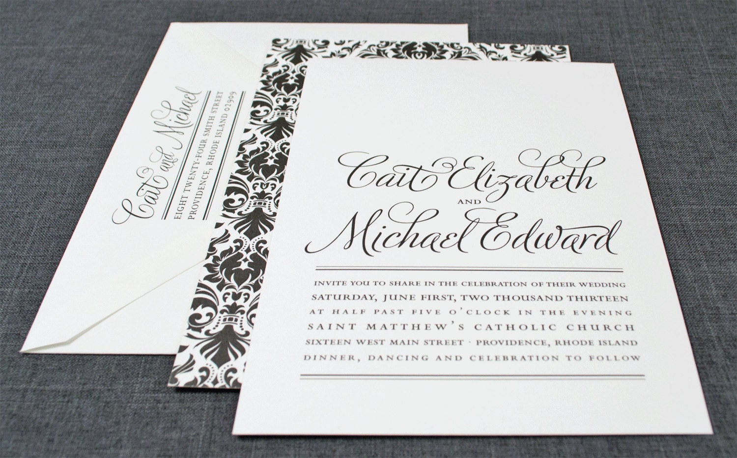 Cait Wedding Invitation - Custom Black Damask Pattern (Sample)