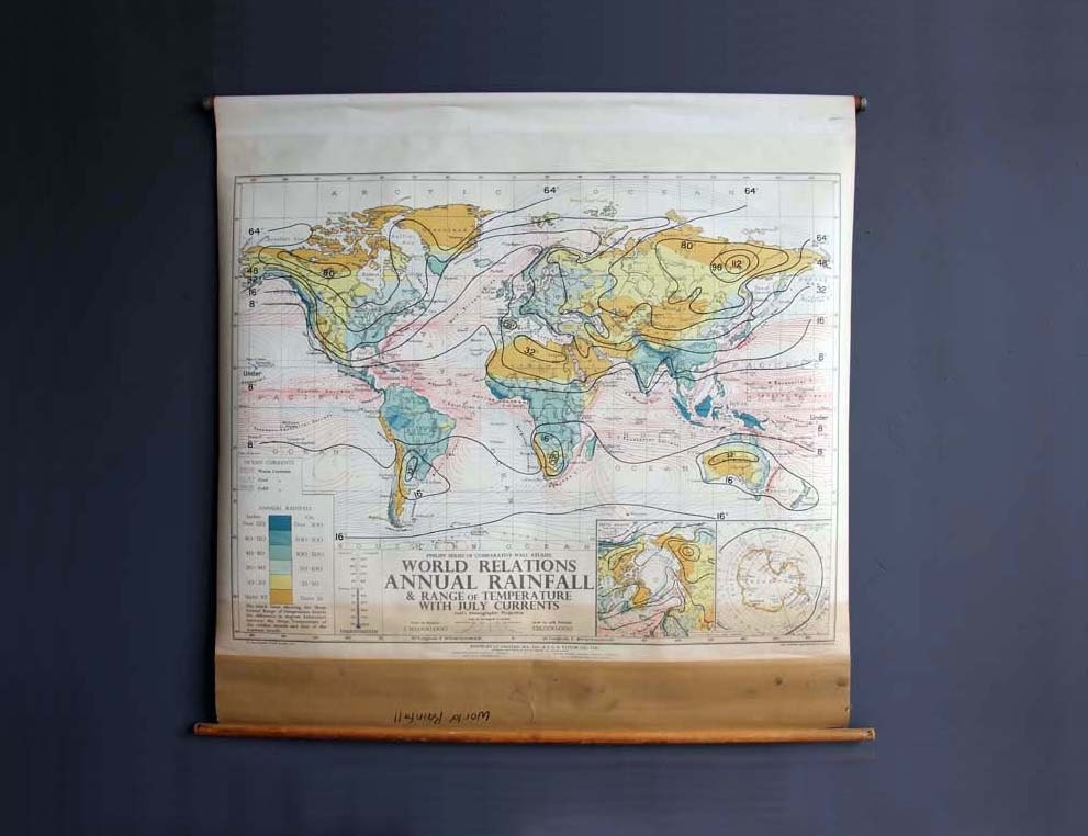 World Rainfall Unique 1950s Pull Down Map